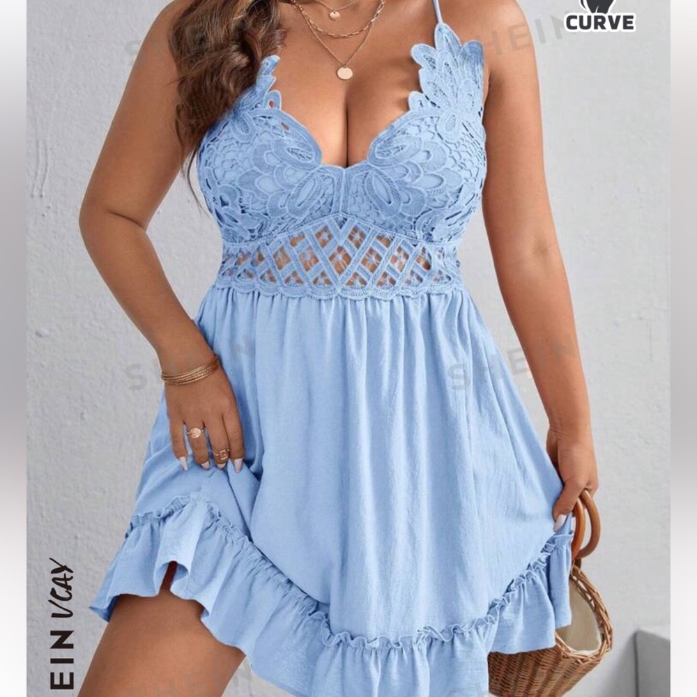 Baby blue lace dress with tie back